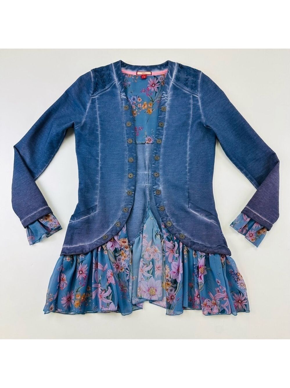 Joe Brown blue wash jersey cardigan blazer with ruffle floral peplum hem Size 4